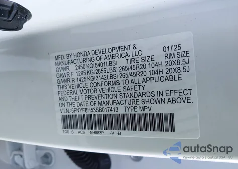 2025 Honda Passport Awd Ex-L из США, поврежденный, VIN 5FNYF8H53SB017413